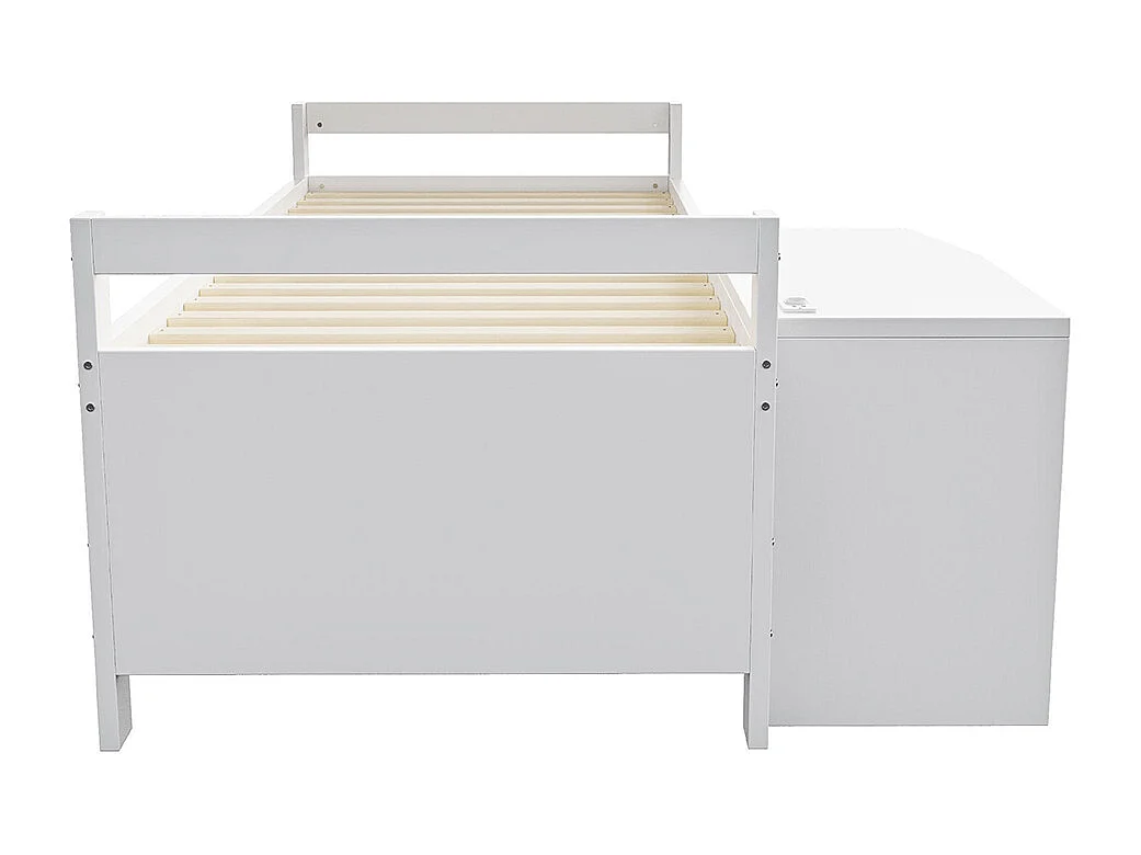 Lit enfant 90 × 200 cm avec coffre de rangement, bureau avec prise électrique, en bois, blanc