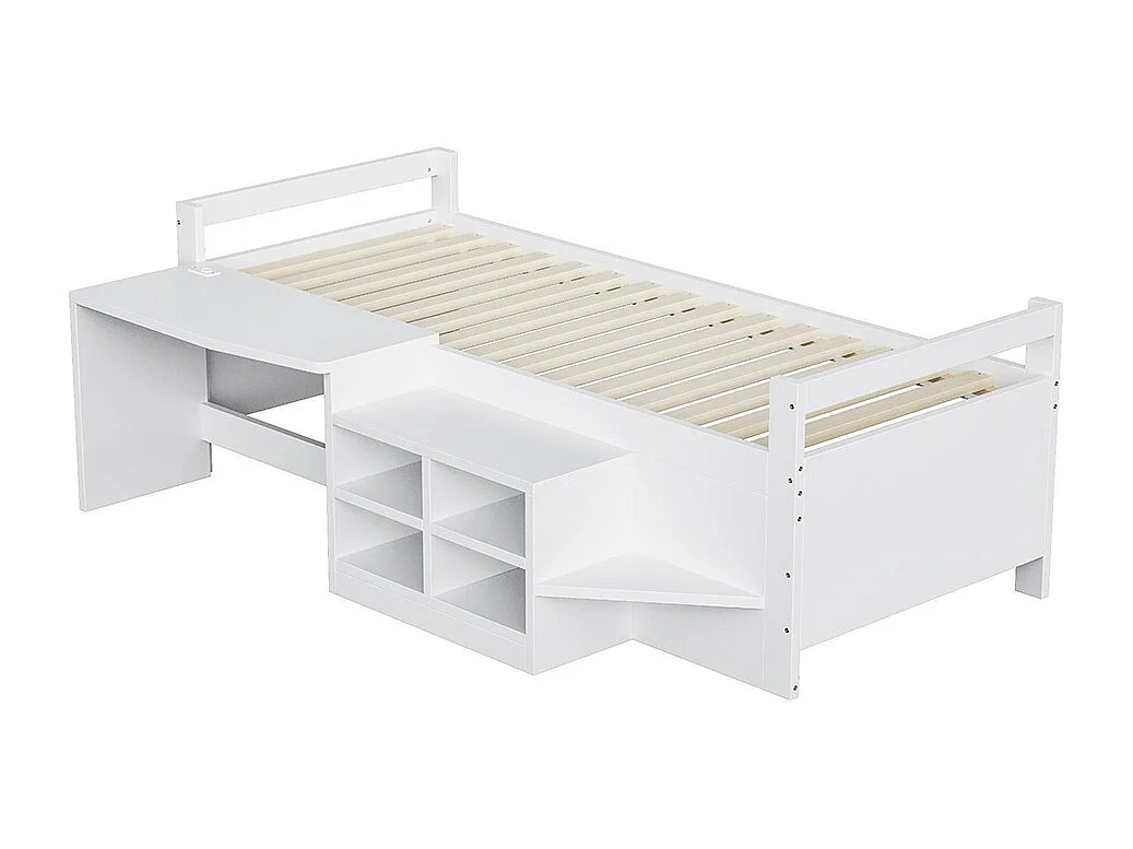Lit enfant 90 × 200 cm avec coffre de rangement, bureau avec prise électrique, en bois, blanc