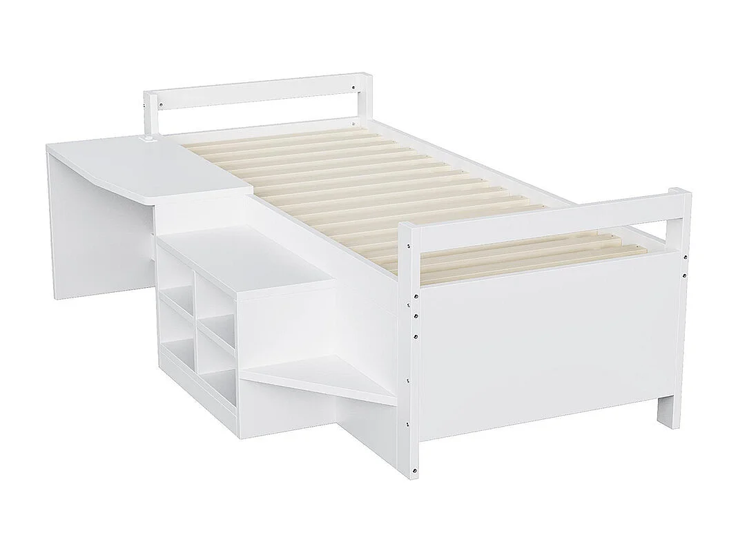 Lit enfant 90 × 200 cm avec coffre de rangement, bureau avec prise électrique, en bois, blanc