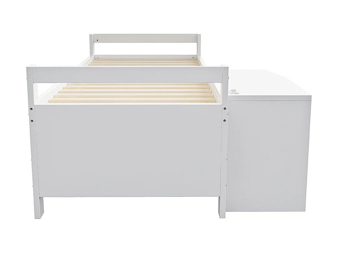 Cama infantil 90 × 200 cm con baúl de almacenamiento, escritorio con toma eléctrica, madera, blanco
