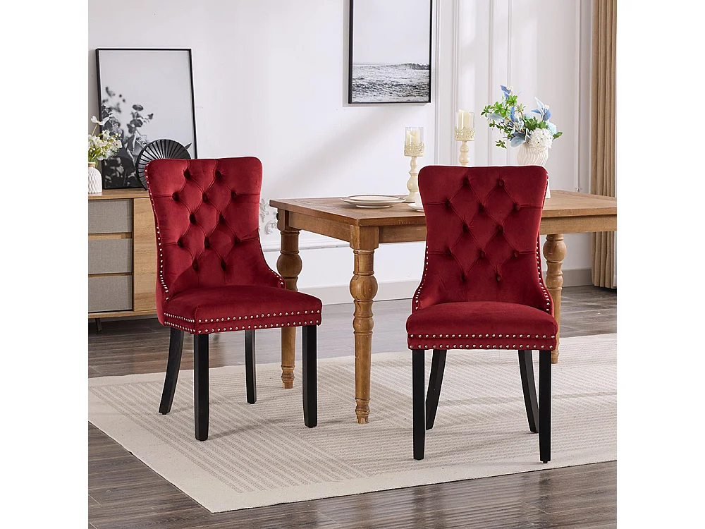 Ensemble de chaises de salle à manger, avec pieds en bois et garniture à clous, revêtement en velours, structure en bois massif,Rouge