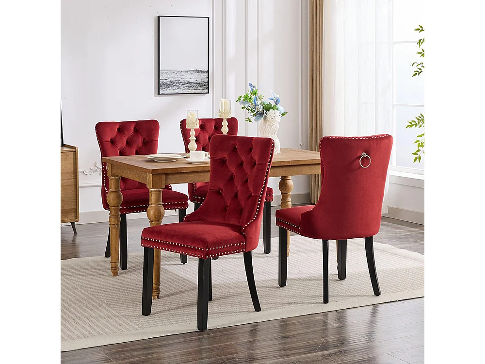 Ensemble de chaises de salle à manger, avec pieds en bois et garniture à clous, revêtement en velours, structure en bois massif,Rouge