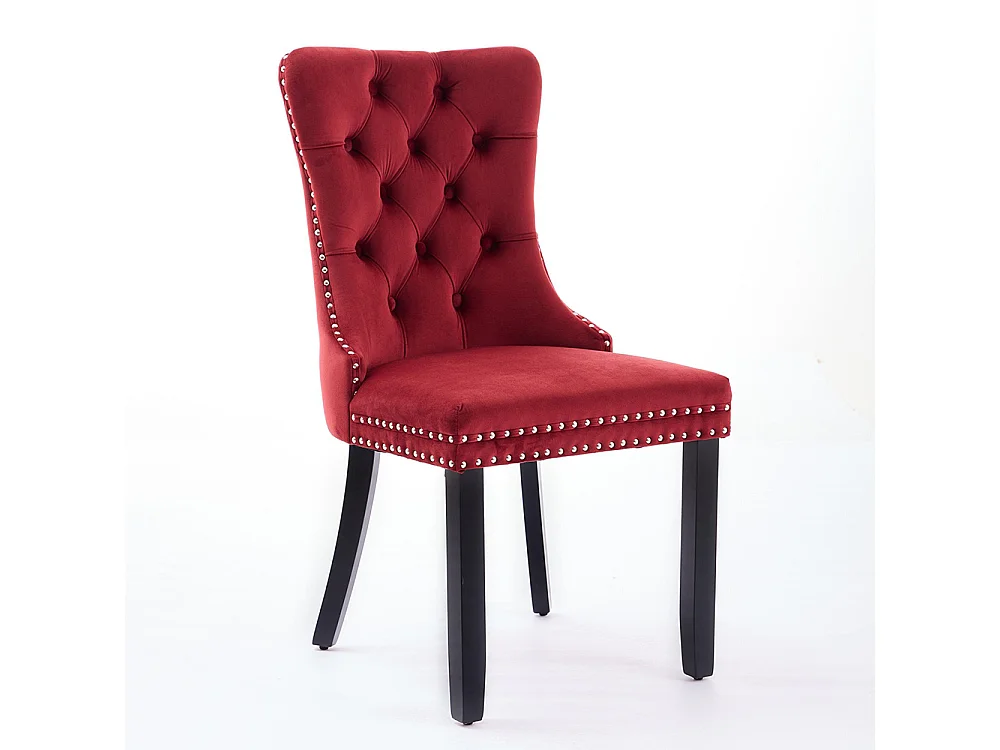 Ensemble de chaises de salle à manger, avec pieds en bois et garniture à clous, revêtement en velours, structure en bois massif,Rouge