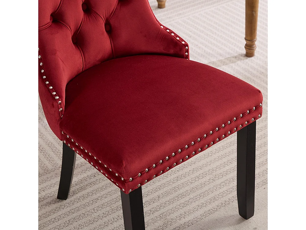 Ensemble de chaises de salle à manger, avec pieds en bois et garniture à clous, revêtement en velours, structure en bois massif,Rouge