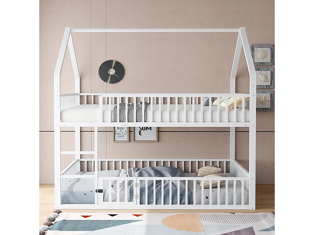 Lit superposé pour enfants, 140 x 200 cm, structure métallique avec échelle, conception loft avec porte d'accès à charnières, blanc