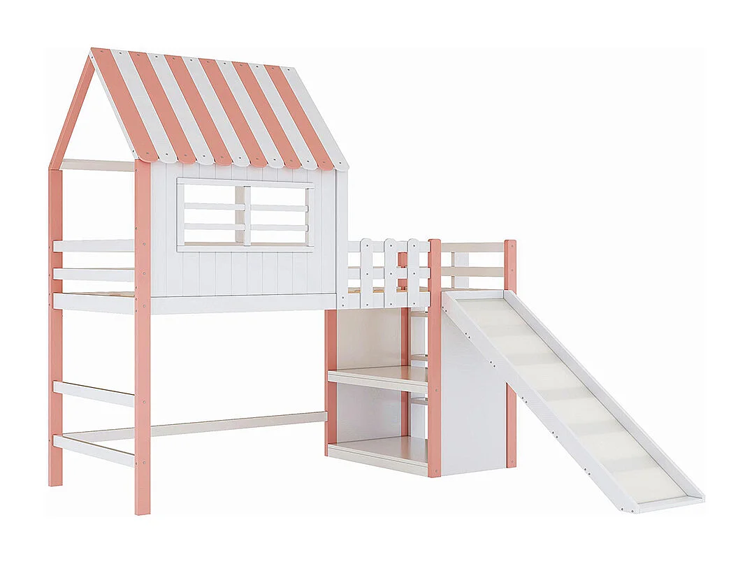 Lit enfant 90 x 200 cm, design mezzanine avec échelle de sécurité et toboggan, étagères de rangement à plusieurs niveaux, rose
