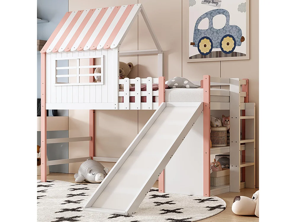 Lit enfant 90 x 200 cm, design mezzanine avec échelle de sécurité et toboggan, étagères de rangement à plusieurs niveaux, rose