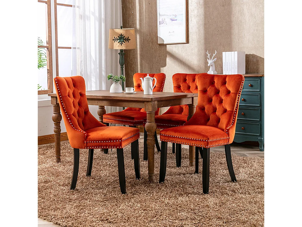 Esszimmerstuhl-Set mit Holzbeinen und Nagelkopfverzierung, Samtbezug, Massivholzgestell, orange