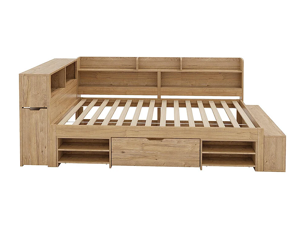 Cama infantil 90 x 200 cm, com mesa de cabeceira, prateleira e arrumação, função de carregamento sem fios, cor natural