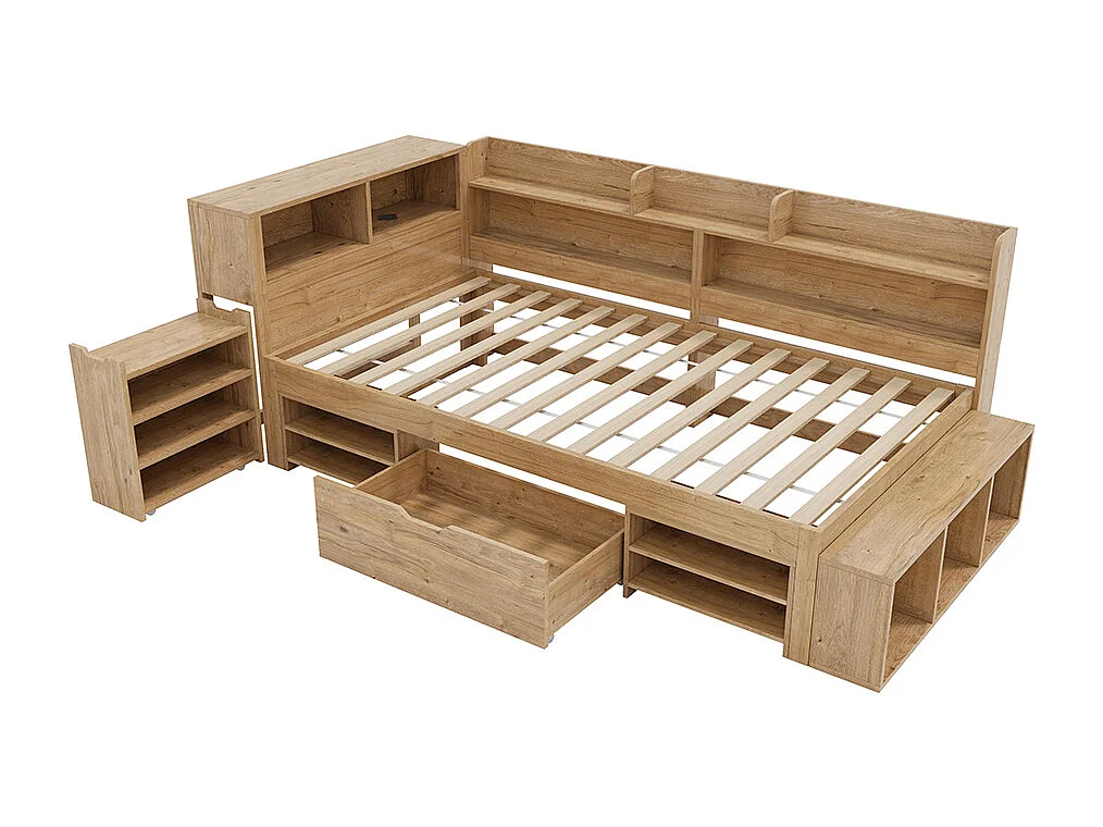 Cama infantil 90 x 200 cm, com mesa de cabeceira, prateleira e arrumação, função de carregamento sem fios, cor natural