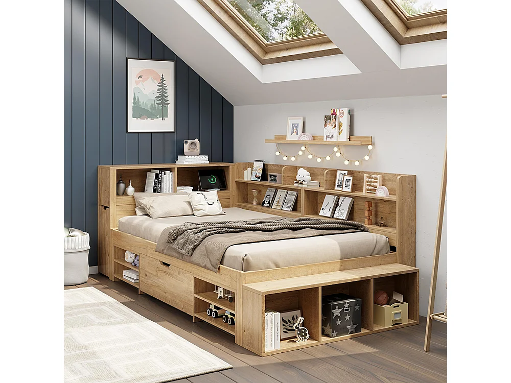 Kinderbed 90 x 200 cm, met nachtkastje, plank en opbergruimte, draadloze oplaadfunctie, naturelkleurig