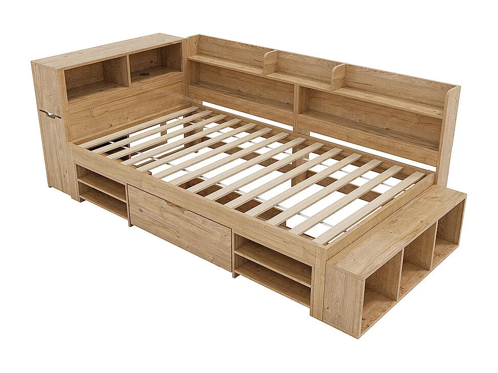 Kinderbed 90 x 200 cm, met nachtkastje, plank en opbergruimte, draadloze oplaadfunctie, naturelkleurig
