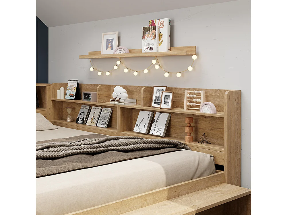 Kinderbed 90 x 200 cm, met nachtkastje, plank en opbergruimte, draadloze oplaadfunctie, naturelkleurig