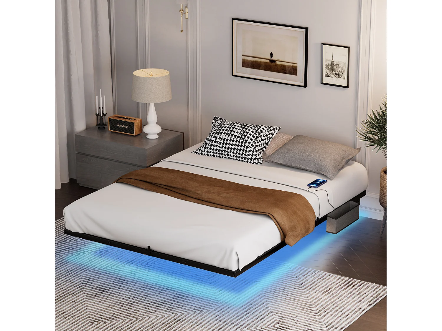 Lit flottant en métal 160 x 200 cm avec éclairage LED, sommier à lattes métallique, éclairé, noir