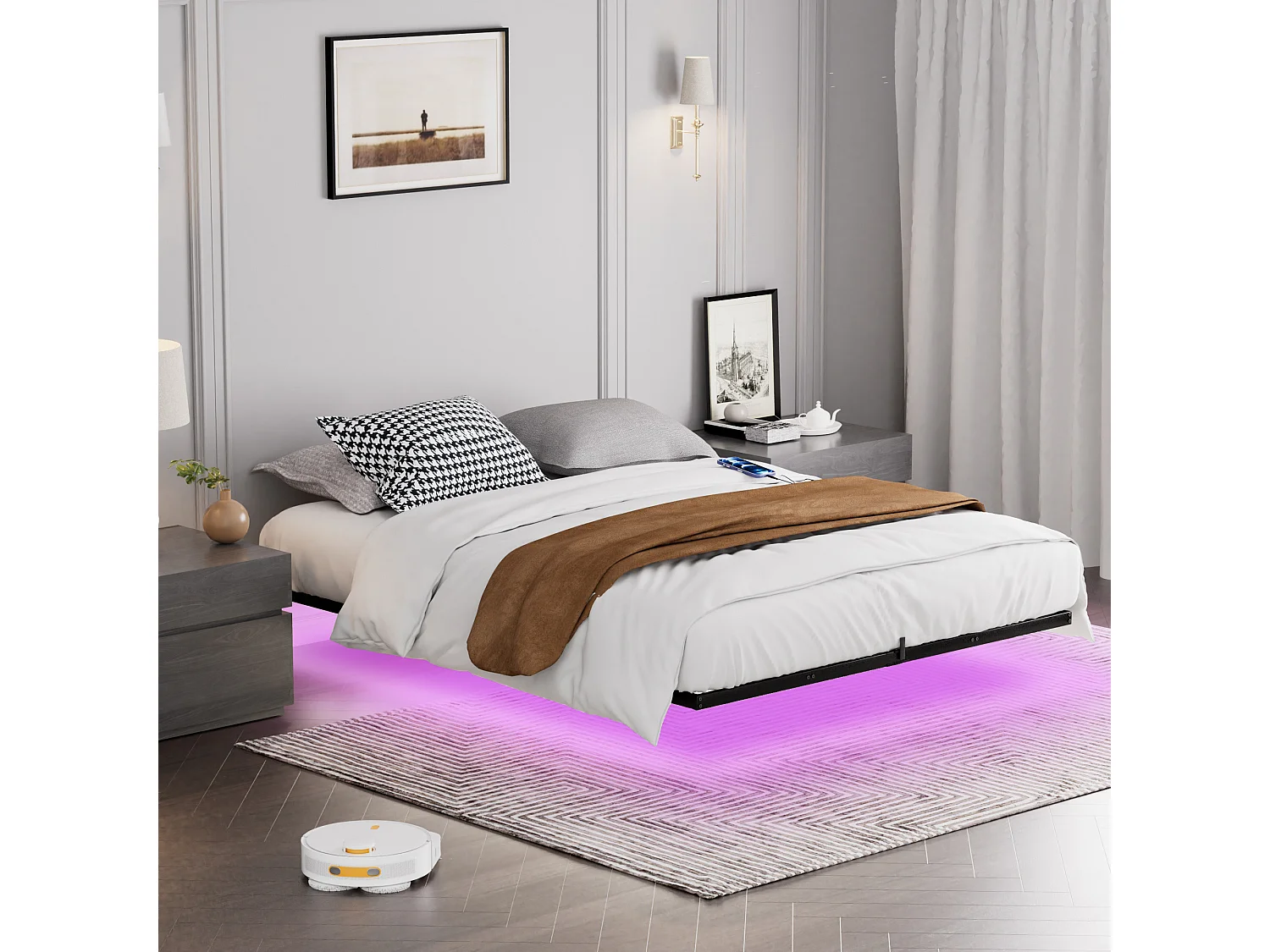 Lit flottant en métal 160 x 200 cm avec éclairage LED, sommier à lattes métallique, éclairé, noir