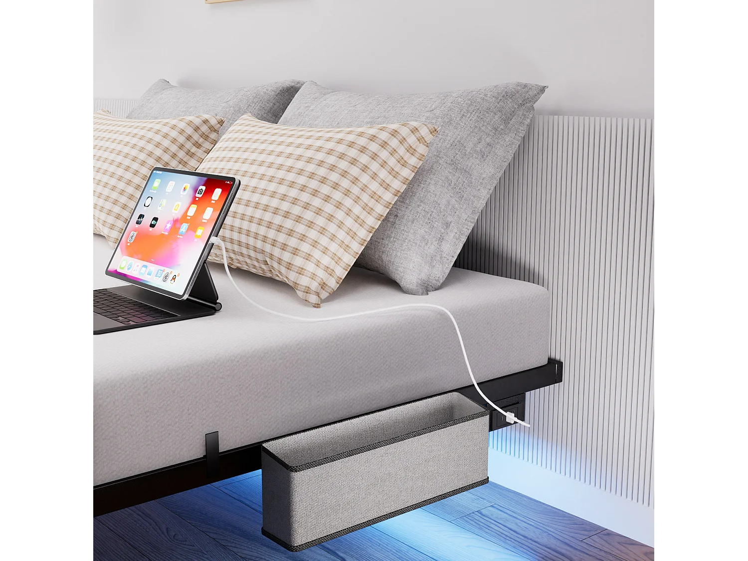 Lit flottant en métal 160 x 200 cm avec éclairage LED, sommier à lattes métallique, éclairé, noir