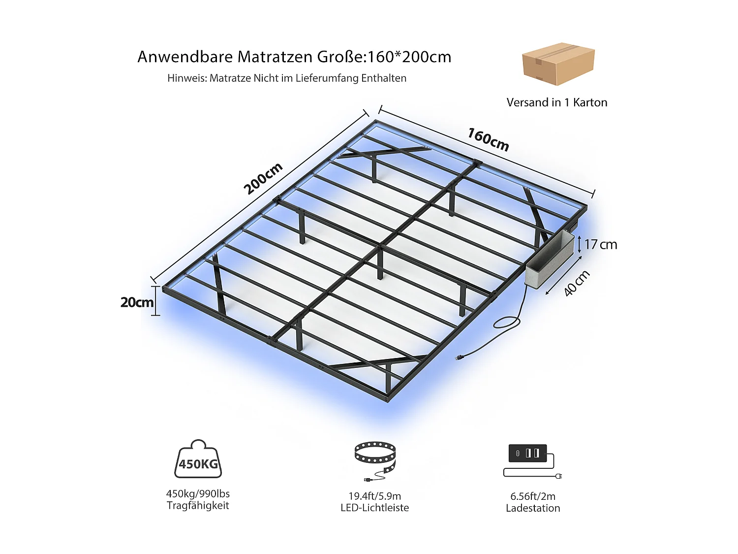 Lit flottant en métal 160 x 200 cm avec éclairage LED, sommier à lattes métallique, éclairé, noir