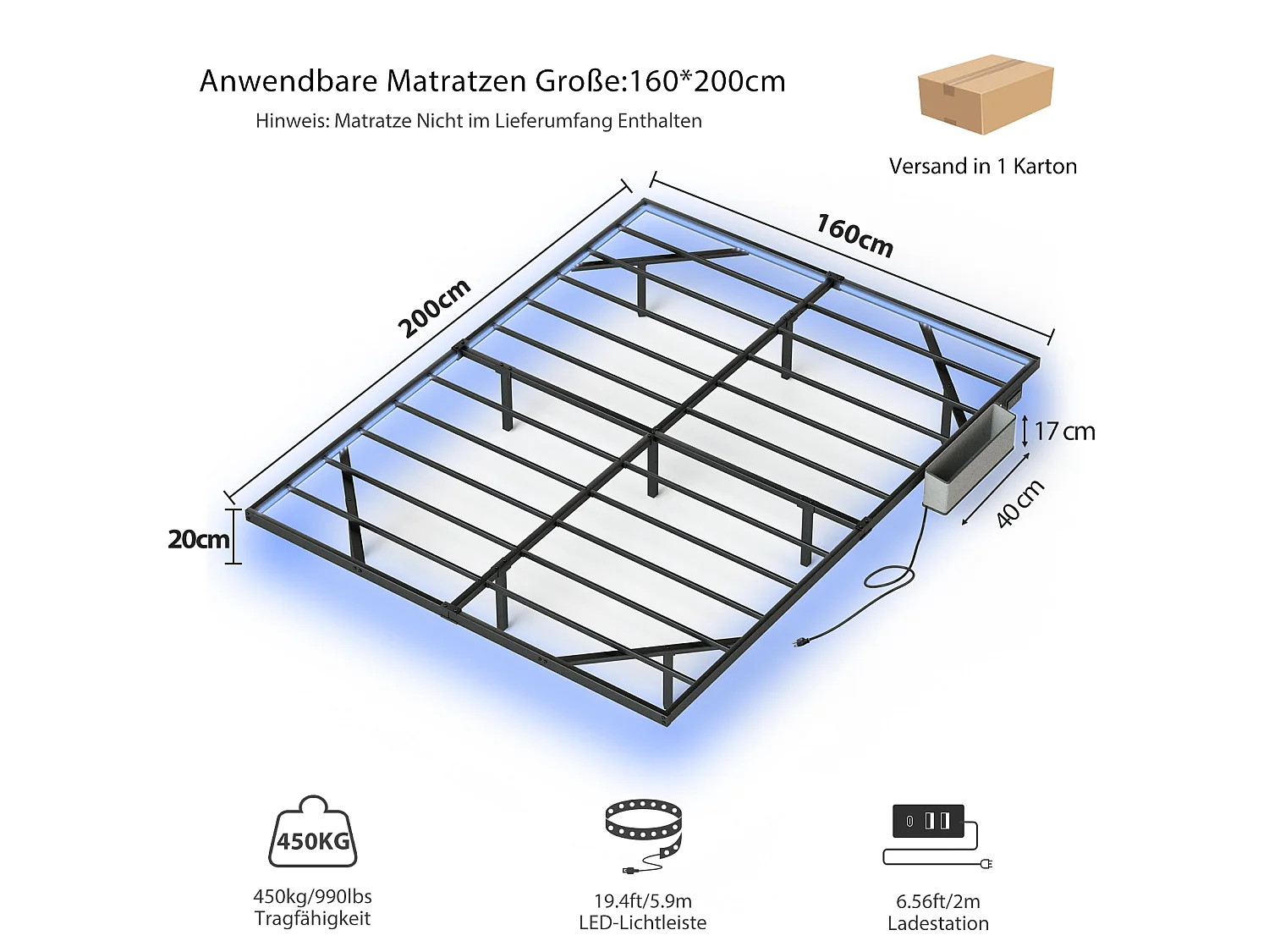 Cama flutuante em metal 160 x 200 cm com iluminação LED, estrado de ripas metálico, iluminado, preto