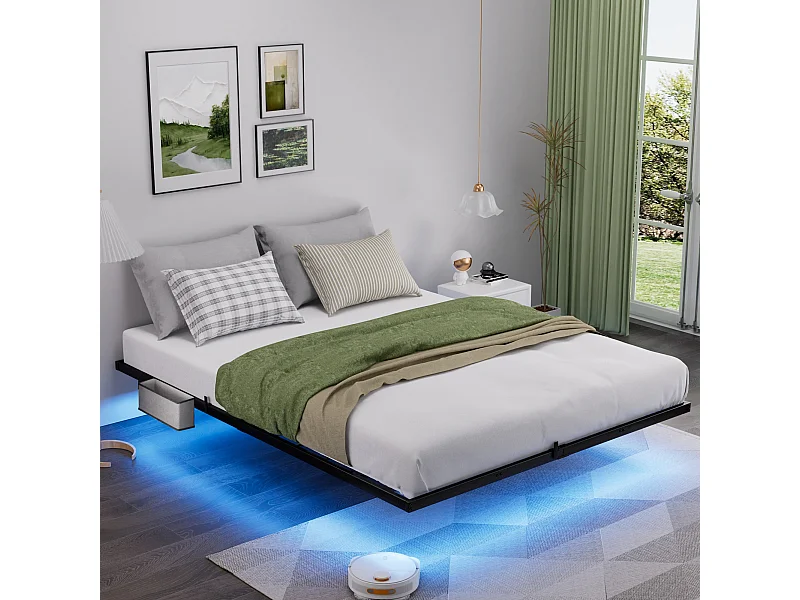 Lit flottant en métal 140 x 200 cm avec éclairage LED, sommier à lattes métallique, éclairé, noir