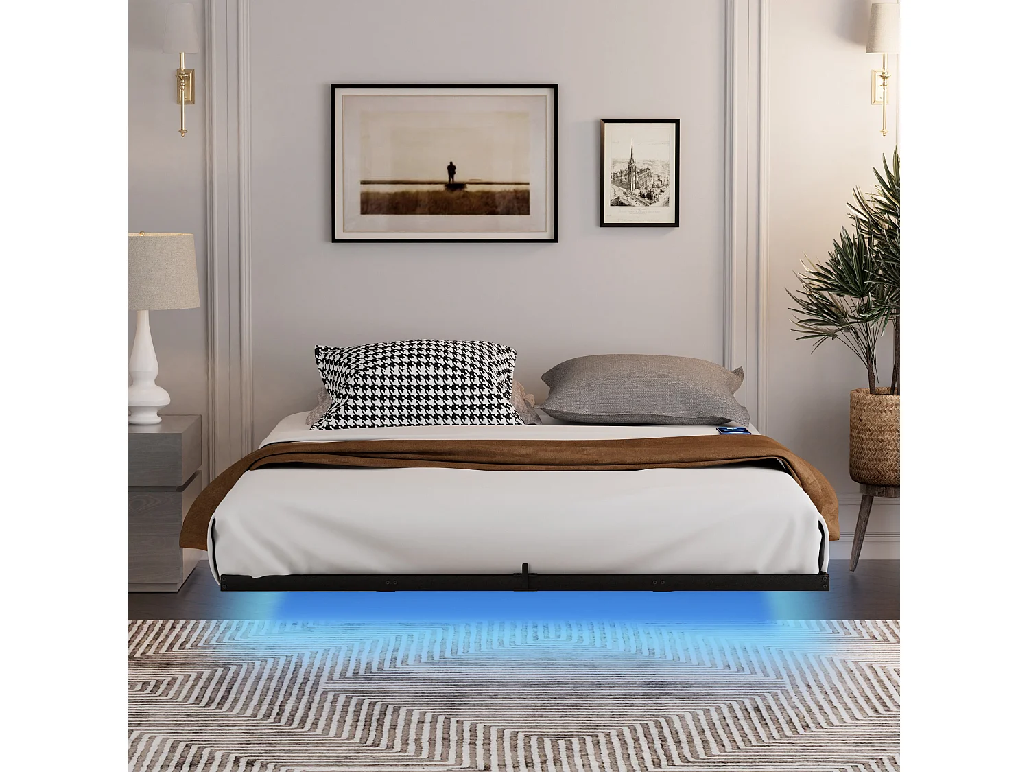 Lit flottant en métal 140 x 200 cm avec éclairage LED, sommier à lattes métallique, éclairé, noir