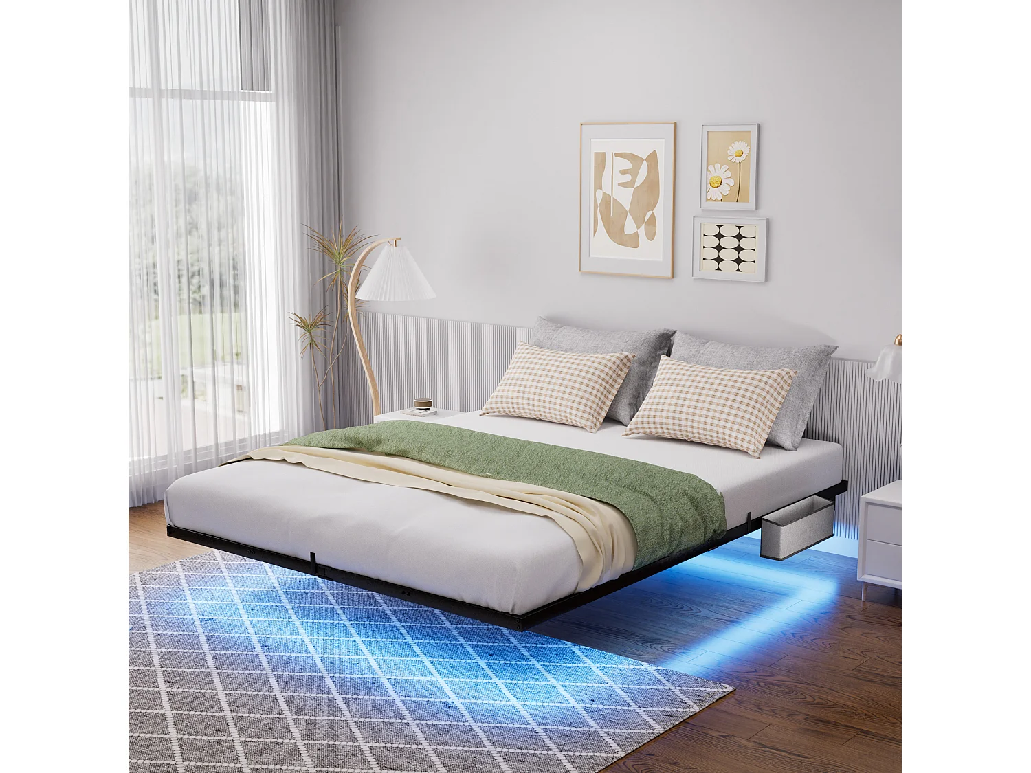 Lit flottant en métal 140 x 200 cm avec éclairage LED, sommier à lattes métallique, éclairé, noir