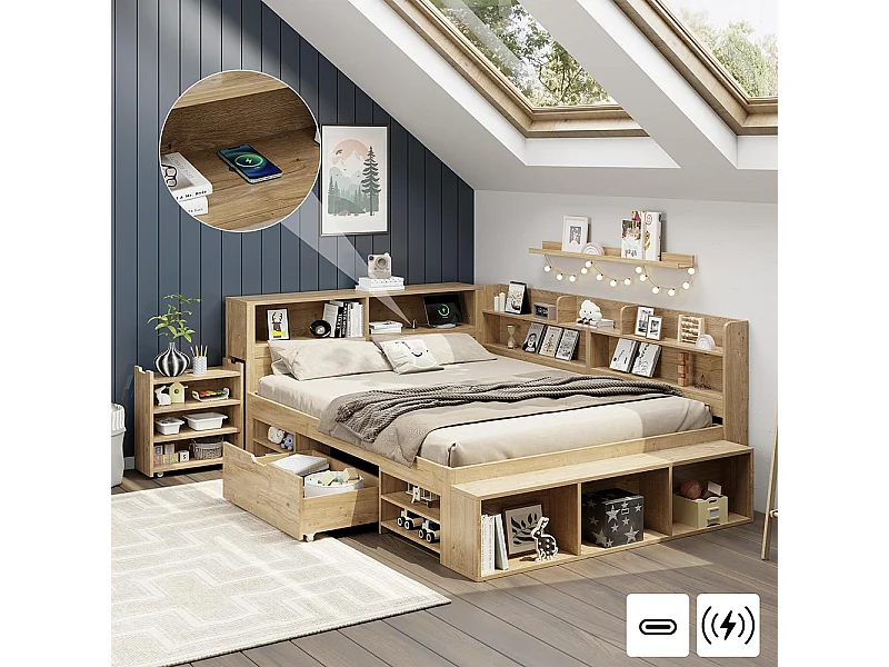 Lit enfant 140 x 200 cm, avec table de chevet, étagère et rangement, fonction de recharge sans fil, couleur naturelle