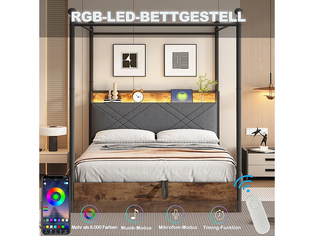 Lit double en fer, 140 × 190 cm, avec espace de rangement, montants amovibles, éclairage LED et ports USB/Type-C, noir