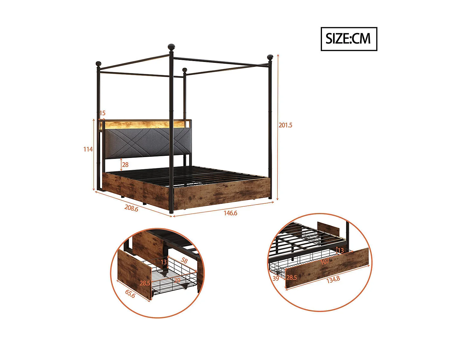 Lit double en fer, 140 × 190 cm, avec espace de rangement, montants amovibles, éclairage LED et ports USB/Type-C, noir