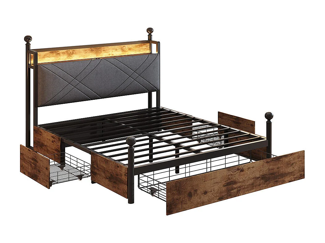 Lit double en fer, 140 × 190 cm, avec espace de rangement, montants amovibles, éclairage LED et ports USB/Type-C, noir