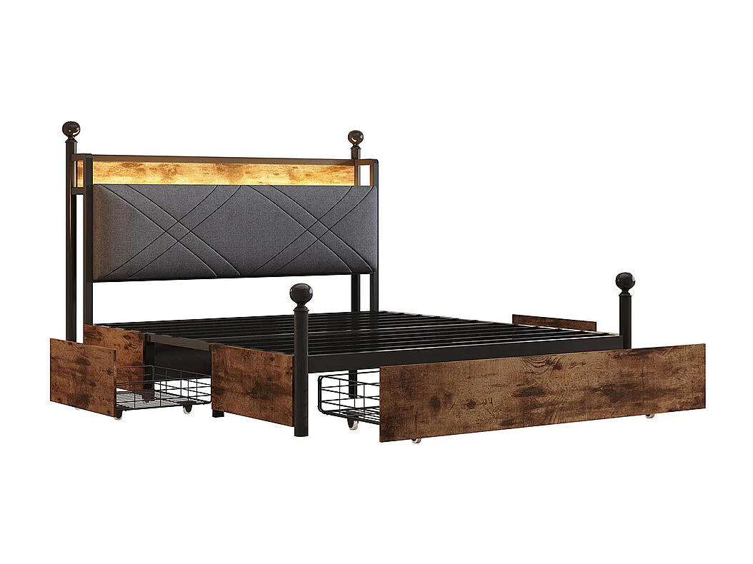 Lit double en fer, 140 × 190 cm, avec espace de rangement, montants amovibles, éclairage LED et ports USB/Type-C, noir