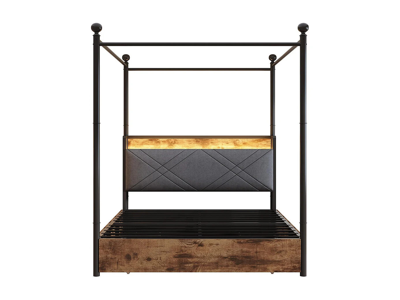 Lit double en fer, 140 × 190 cm, avec espace de rangement, montants amovibles, éclairage LED et ports USB/Type-C, noir