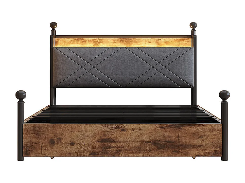 Lit double en fer, 140 × 190 cm, avec espace de rangement, montants amovibles, éclairage LED et ports USB/Type-C, noir