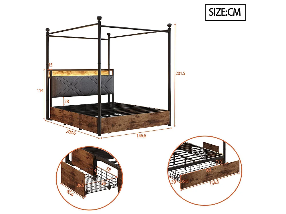 Lit double en fer, 140 × 190 cm, avec espace de rangement, montants amovibles, éclairage LED et ports USB/Type-C, noir