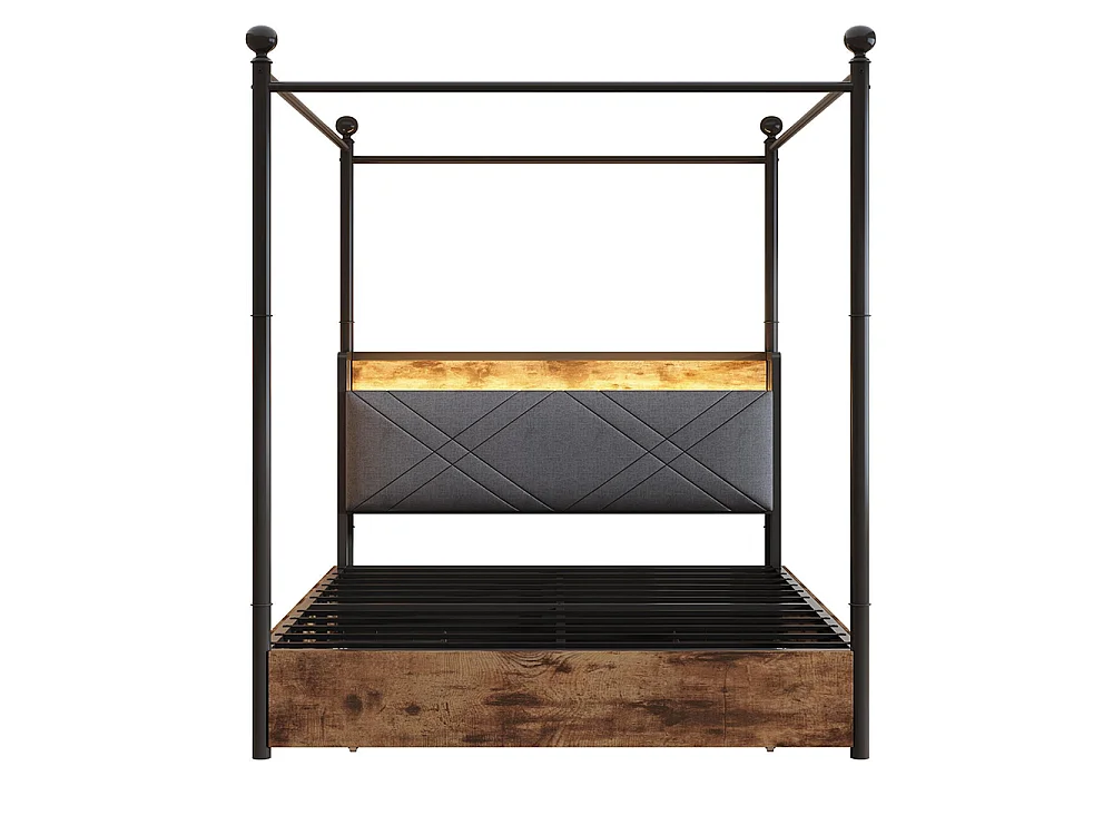 Lit double en fer, 140 × 190 cm, avec espace de rangement, montants amovibles, éclairage LED et ports USB/Type-C, noir