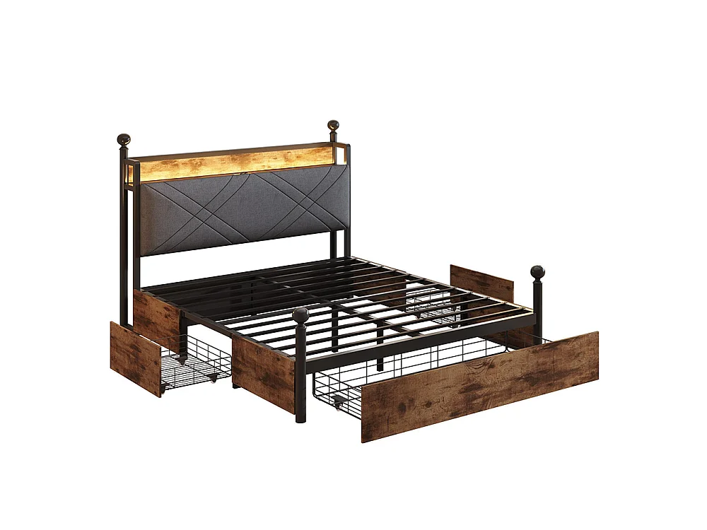 Lit double en fer, 140 × 190 cm, avec espace de rangement, montants amovibles, éclairage LED et ports USB/Type-C, noir