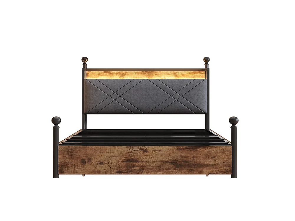 Lit double en fer, 140 × 190 cm, avec espace de rangement, montants amovibles, éclairage LED et ports USB/Type-C, noir