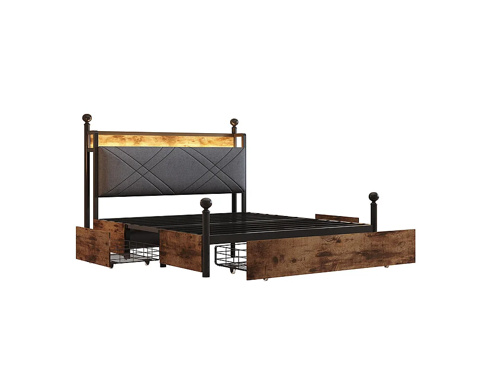 Lit double en fer, 140 × 190 cm, avec espace de rangement, montants amovibles, éclairage LED et ports USB/Type-C, noir