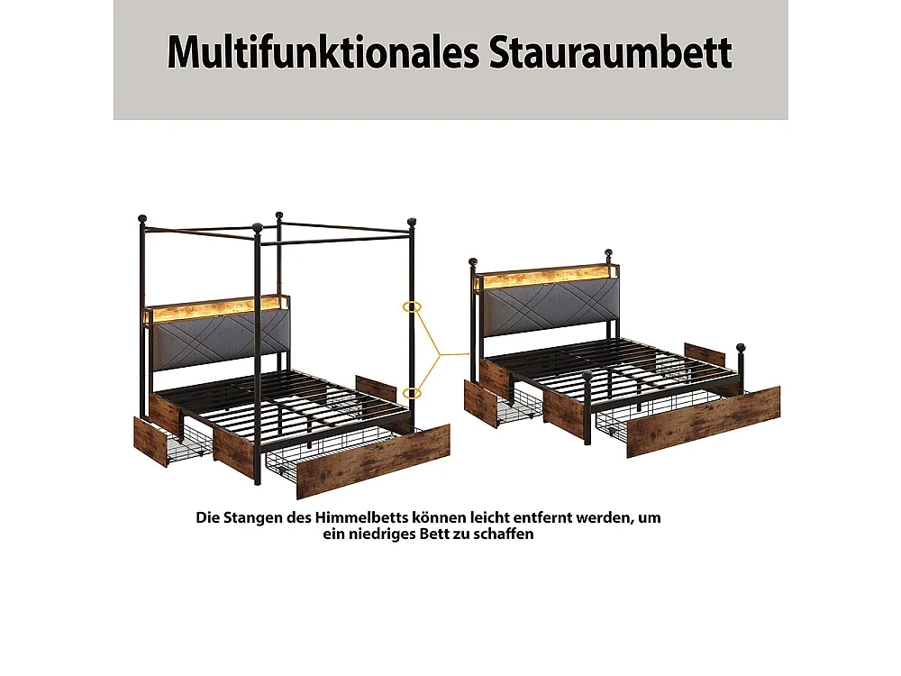 Lit double en fer, 140 × 190 cm, avec espace de rangement, montants amovibles, éclairage LED et ports USB/Type-C, noir