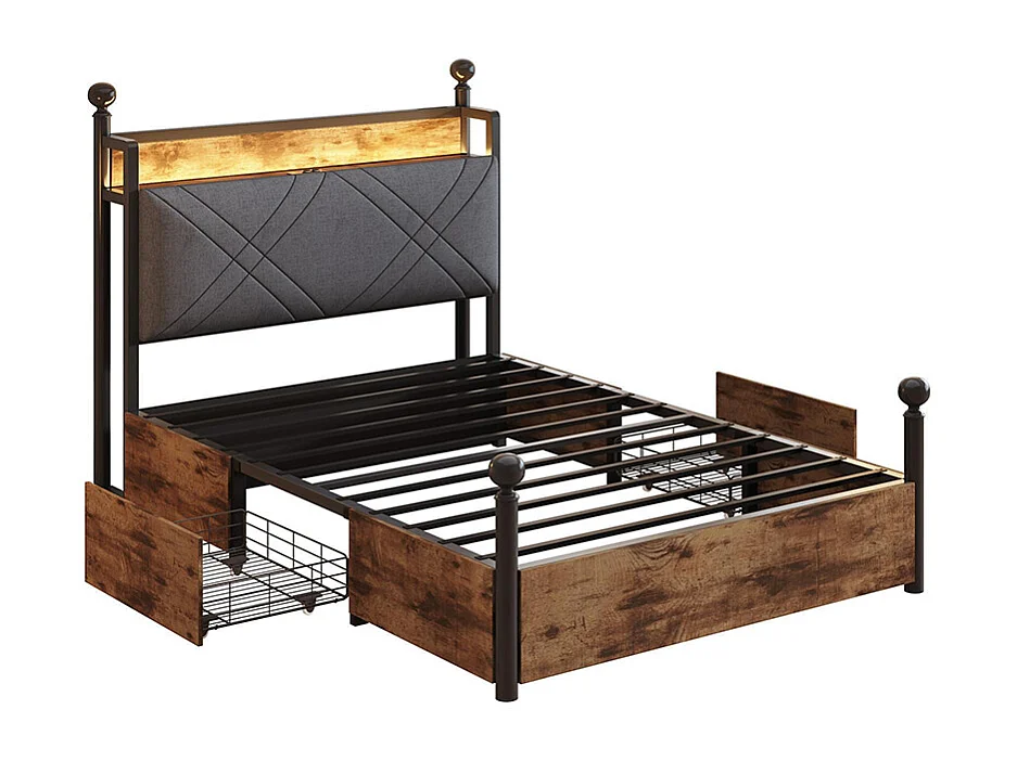 Letto singolo in ferro 90 × 190 cm, con spazio di stivaggio, montanti rimovibili, illuminazione a LED e porte USB/Type-C, nero