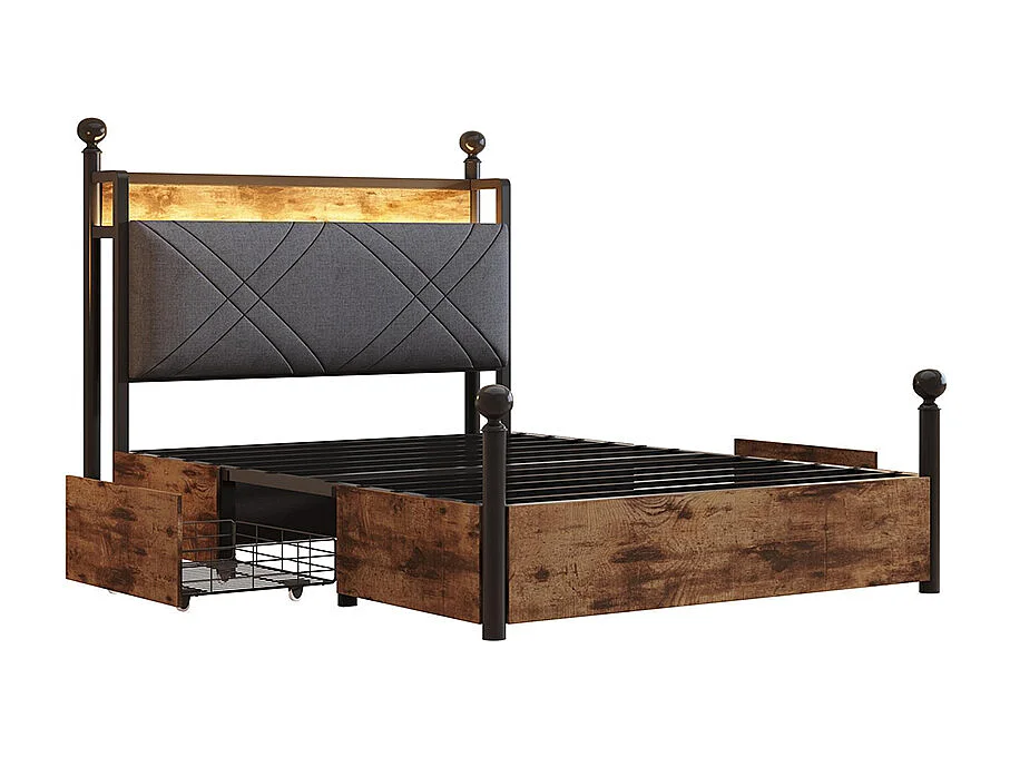 Letto singolo in ferro 90 × 190 cm, con spazio di stivaggio, montanti rimovibili, illuminazione a LED e porte USB/Type-C, nero