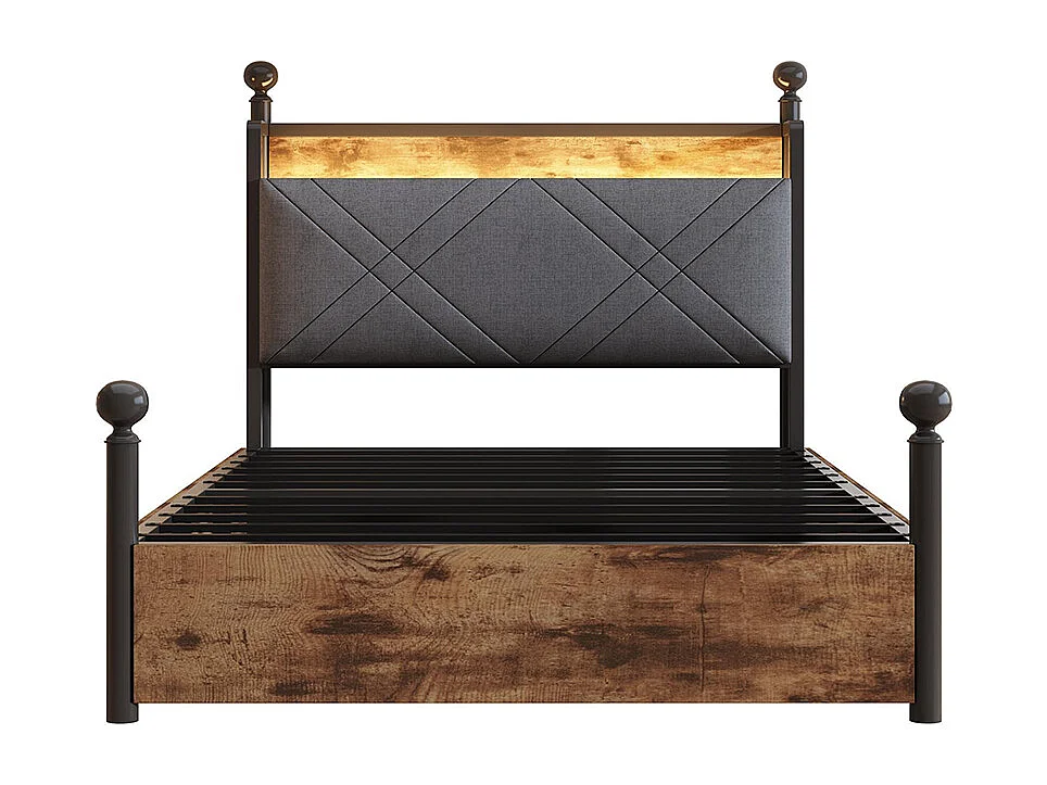 Letto singolo in ferro 90 × 190 cm, con spazio di stivaggio, montanti rimovibili, illuminazione a LED e porte USB/Type-C, nero