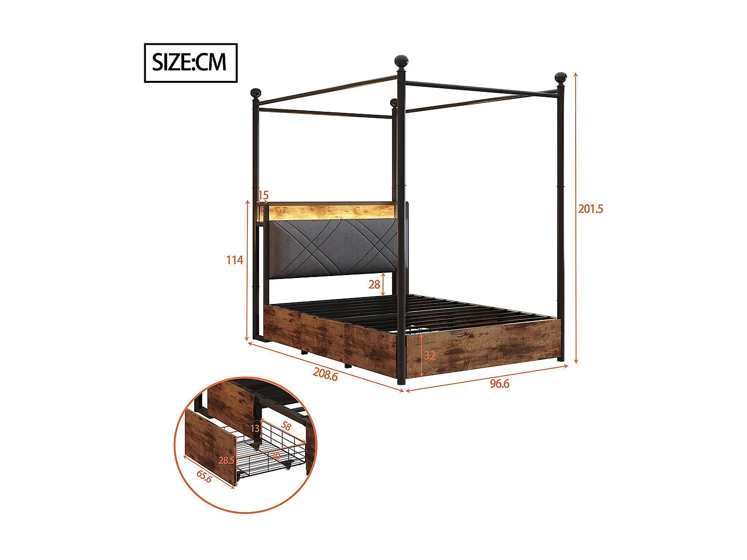 Lit simple en fer 90 × 190 cm, avec espace de rangement, montants amovibles, éclairage LED et ports USB/Type-C, noir