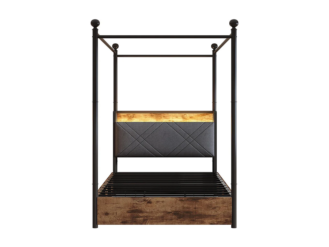 Lit simple en fer 90 × 190 cm, avec espace de rangement, montants amovibles, éclairage LED et ports USB/Type-C, noir