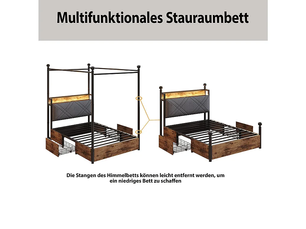 Lit simple en fer 90 × 190 cm, avec espace de rangement, montants amovibles, éclairage LED et ports USB/Type-C, noir