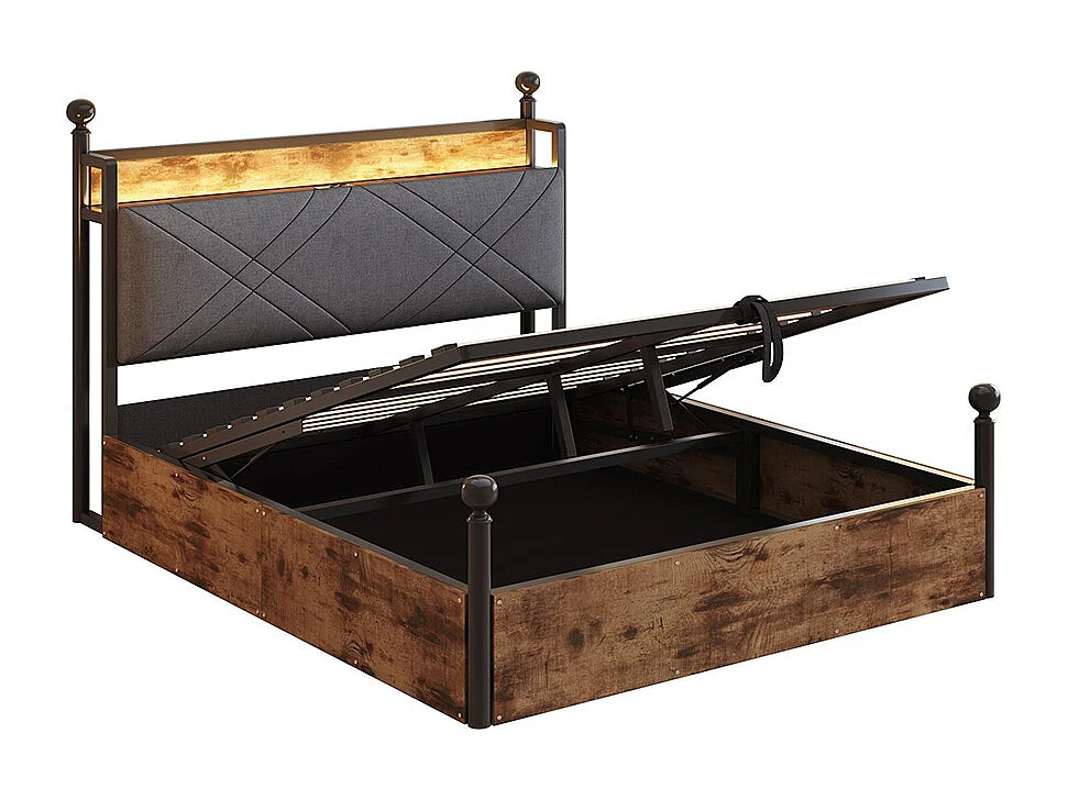 Lit coffer en fer 140 × 190 cm, avec réglage hydraulique de la hauteur, montants amovibles, éclairage LED et ports USB/Type-C, noir