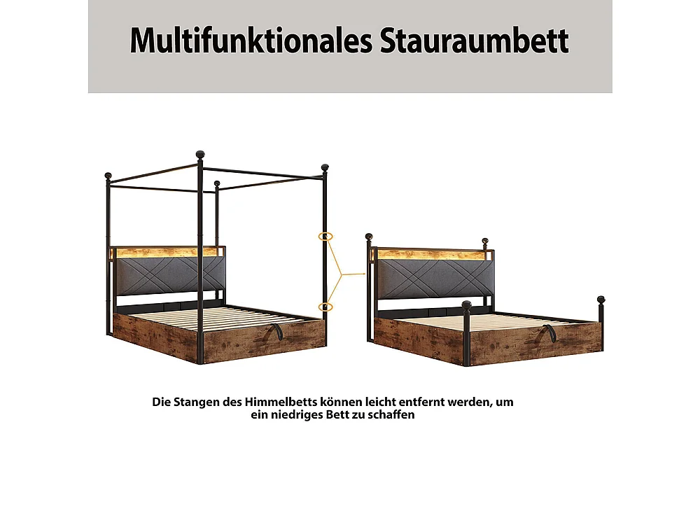 Lit coffer en fer 140 × 190 cm, avec réglage hydraulique de la hauteur, montants amovibles, éclairage LED et ports USB/Type-C, noir