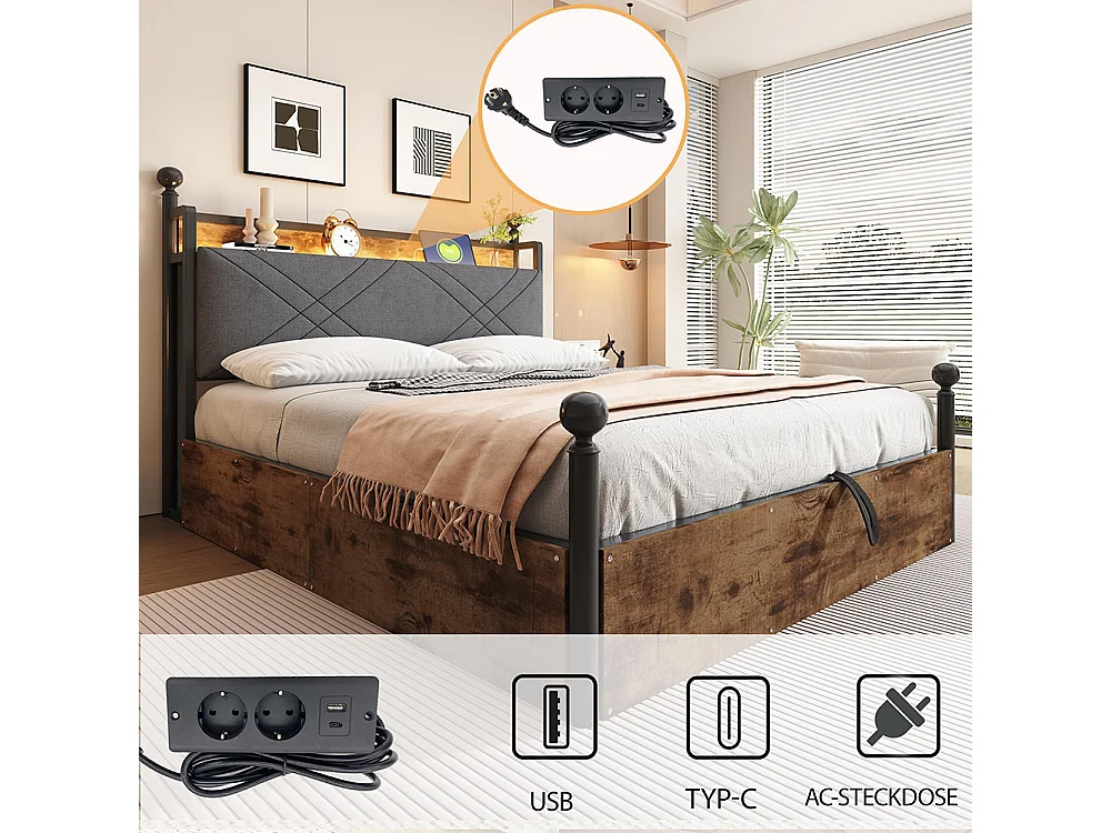 Lit coffer en fer 140 × 190 cm, avec réglage hydraulique de la hauteur, montants amovibles, éclairage LED et ports USB/Type-C, noir