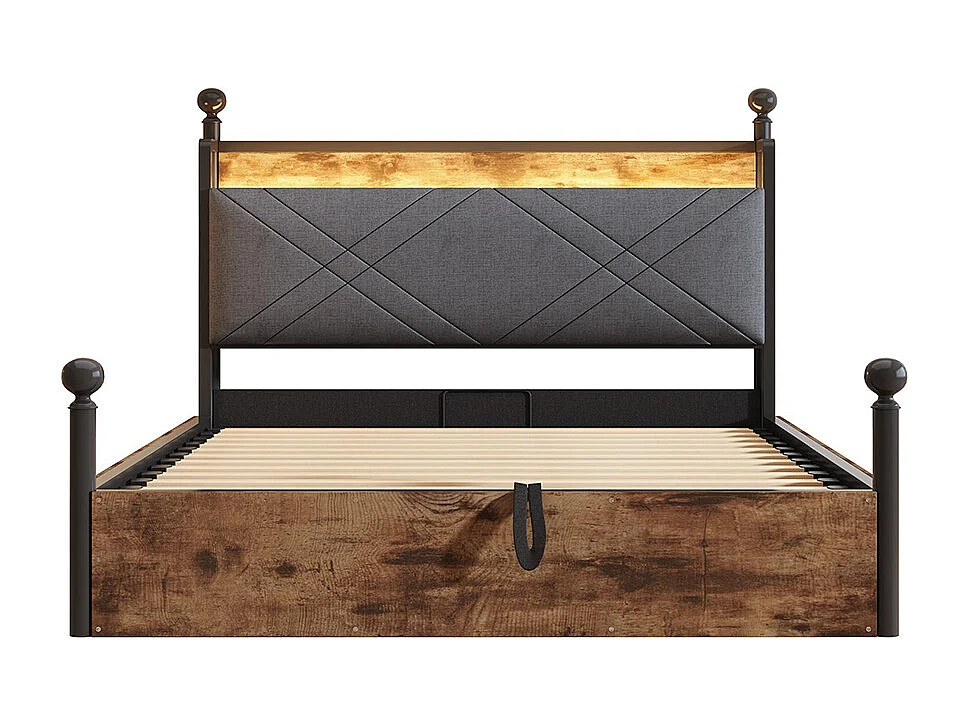 Lit coffer en fer 140 × 190 cm, avec réglage hydraulique de la hauteur, montants amovibles, éclairage LED et ports USB/Type-C, noir