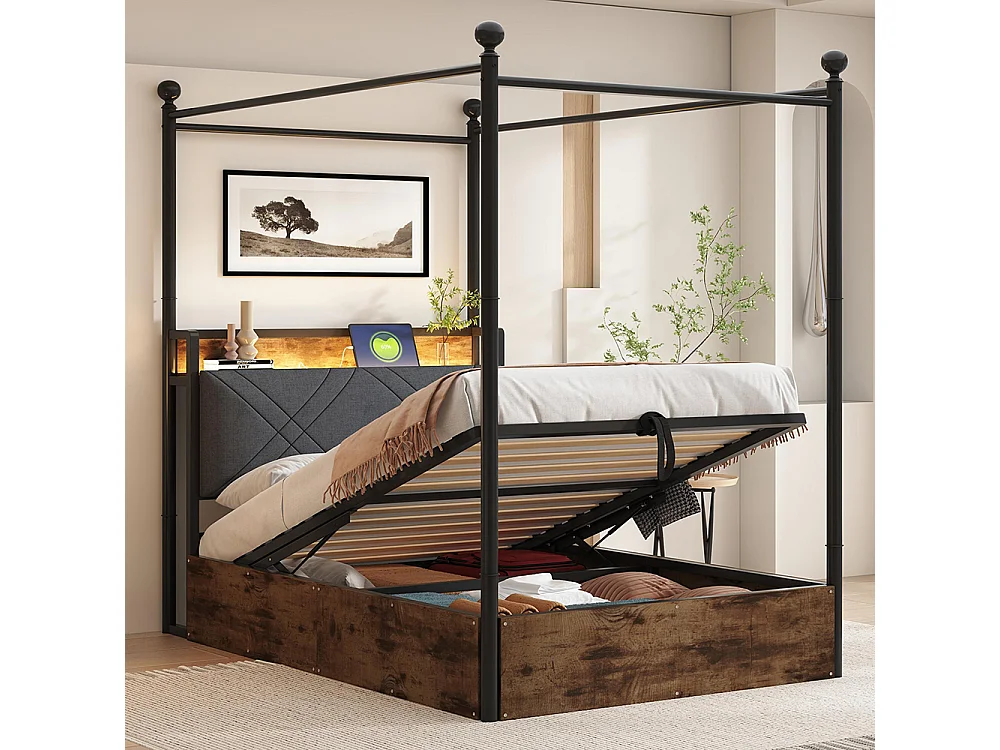 Letto singolo in ferro 90 × 190 cm, con regolazione idraulica dell'altezza, montanti rimovibili, illuminazione a LED e porte USB/Type-C, nero