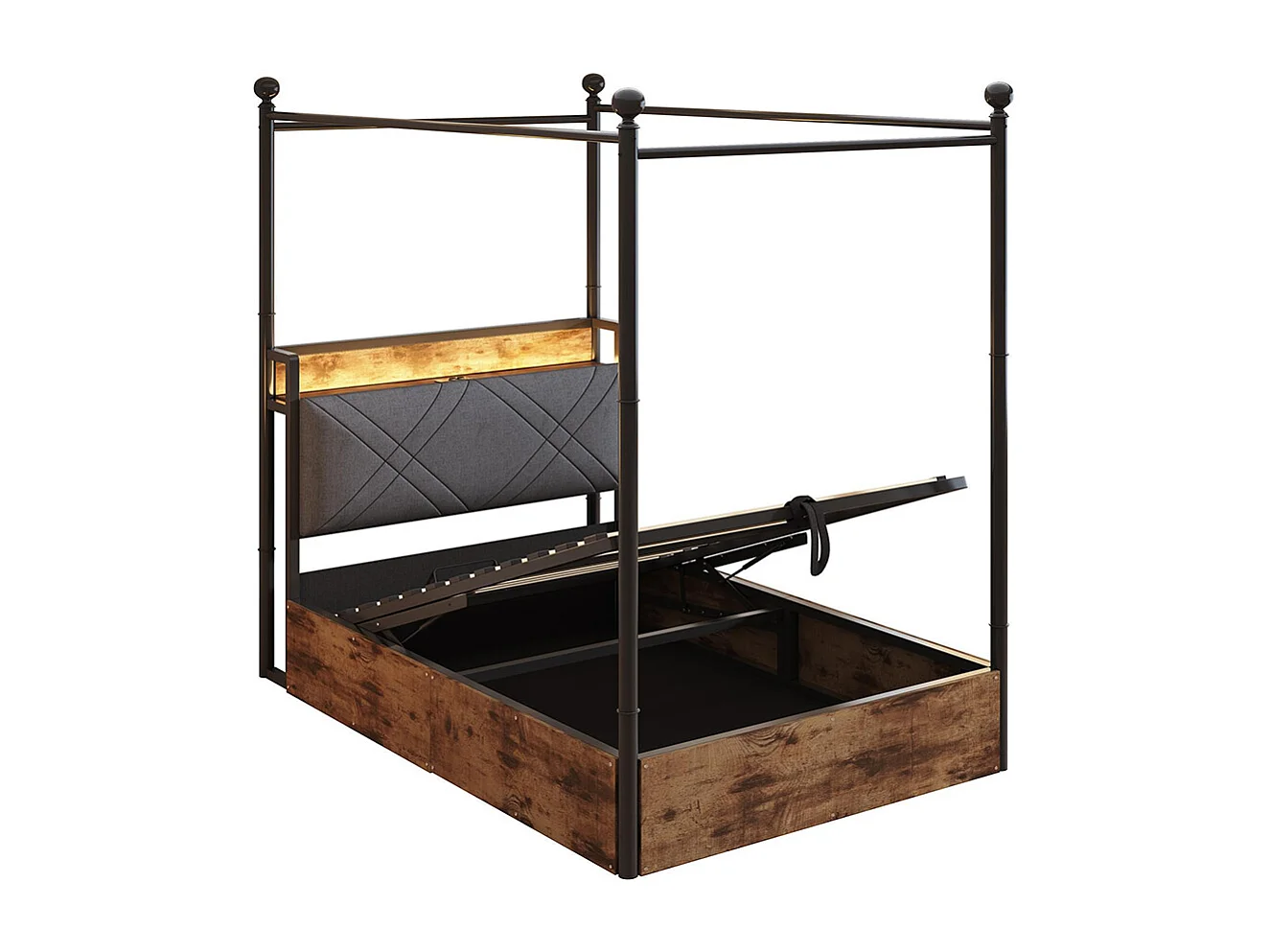 Letto singolo in ferro 90 × 190 cm, con regolazione idraulica dell'altezza, montanti rimovibili, illuminazione a LED e porte USB/Type-C, nero